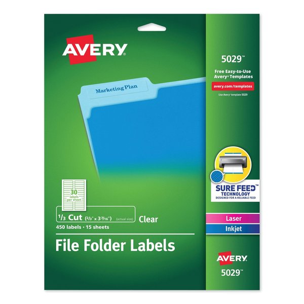 Avery Clear Permanent File Folder Label w/Sure Feed, 0.66x3.44, Clear, PK450 05029